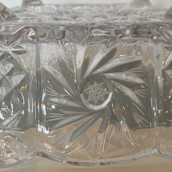 MidCentury Bohemian Footed Lead Crystal Square Scalloped Edge Star Pinwheel Bowl - Picture 10 of 14